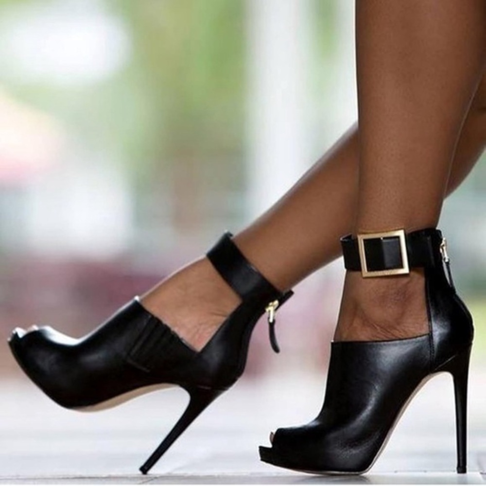 Black Peep-Toe Stiletto Booties w/ Bold Buckle Strap | Size 9 | Vegan Leather